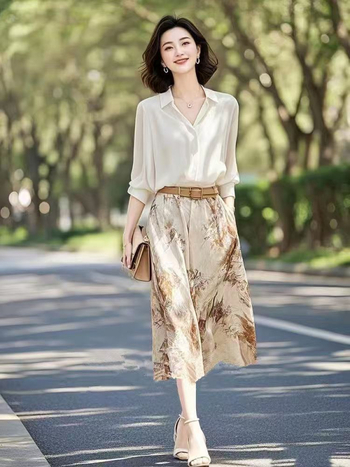 Koreai stílusú, laza két részes kosztüm szoknyával és inggel tavasz–őszre, mindennapi elegancia