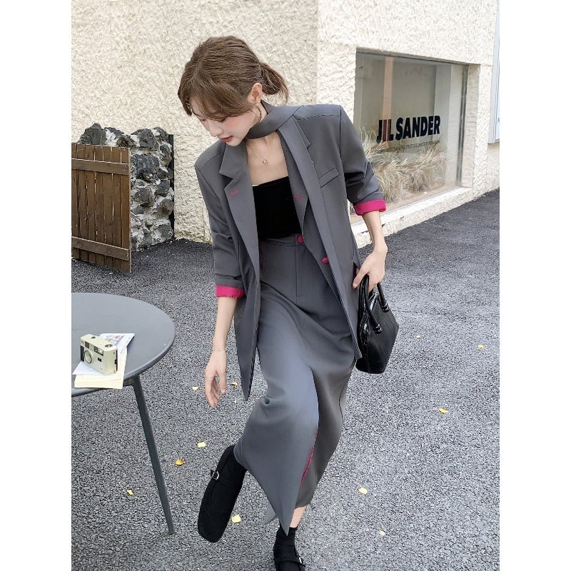 Korejski stil, set sakoa i suknje, dva dijela, za žene, proljeće i jesen, elegantan izgled