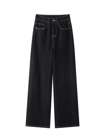 Női denimnadrág négyszeres nyúlással, őszi–téli időszakra, anti-fade anyaggal, vastag szövet, magas derék, széles és egyenes szabású, padlót érő hossz