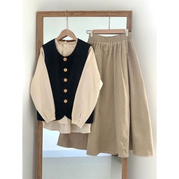 Modni ženski jesenski trodijelni set: prsluk, bluza i midi suknja – novi stil 2023