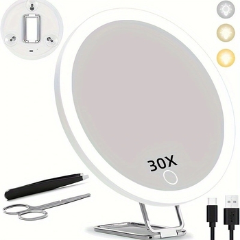 6-inčno LED ogledalo za šminkanje s povećanjem 10x/20x, punjiva LED rasvjeta, 360° okretni stalak