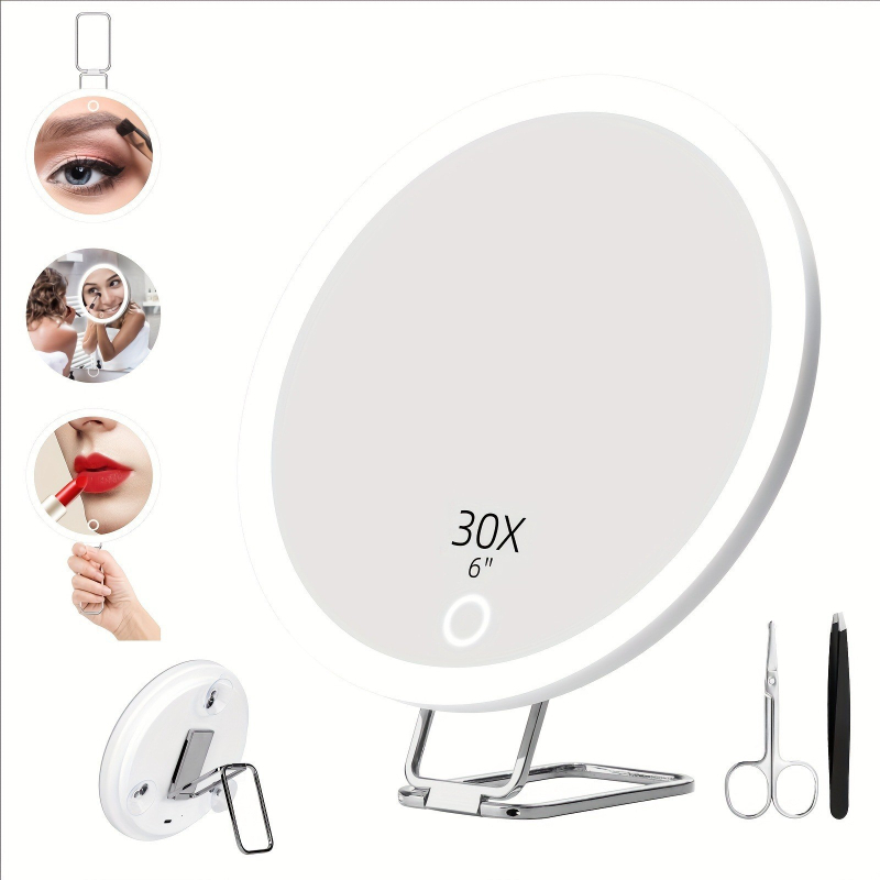 6-inčno LED ogledalo za šminkanje s povećanjem 10x/20x, punjiva LED rasvjeta, 360° okretni stalak