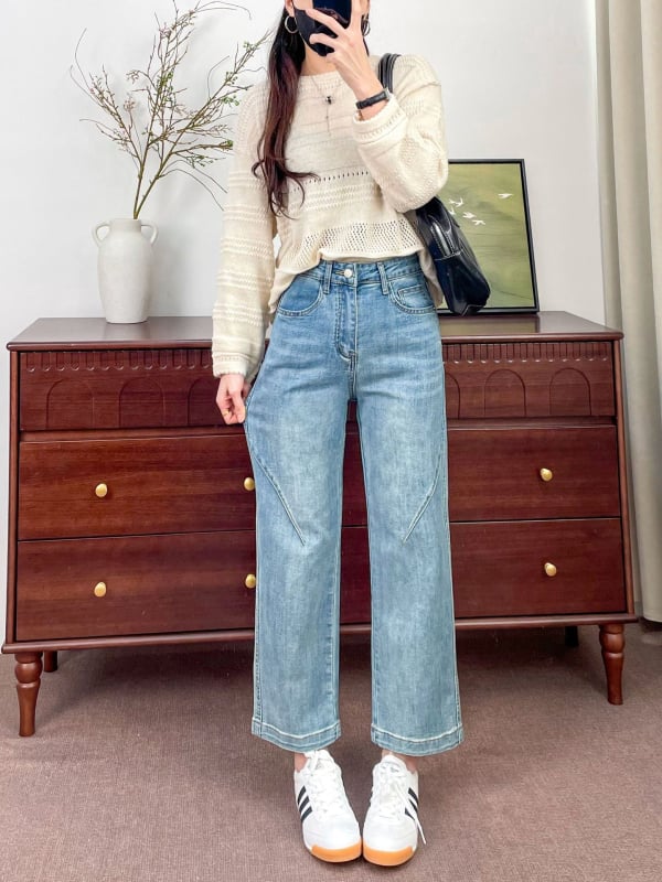 Rugalmas női farmernadrág, magas derékú, egyenes szabás, cropped hossz, denim, világoskék, tavasz–nyár