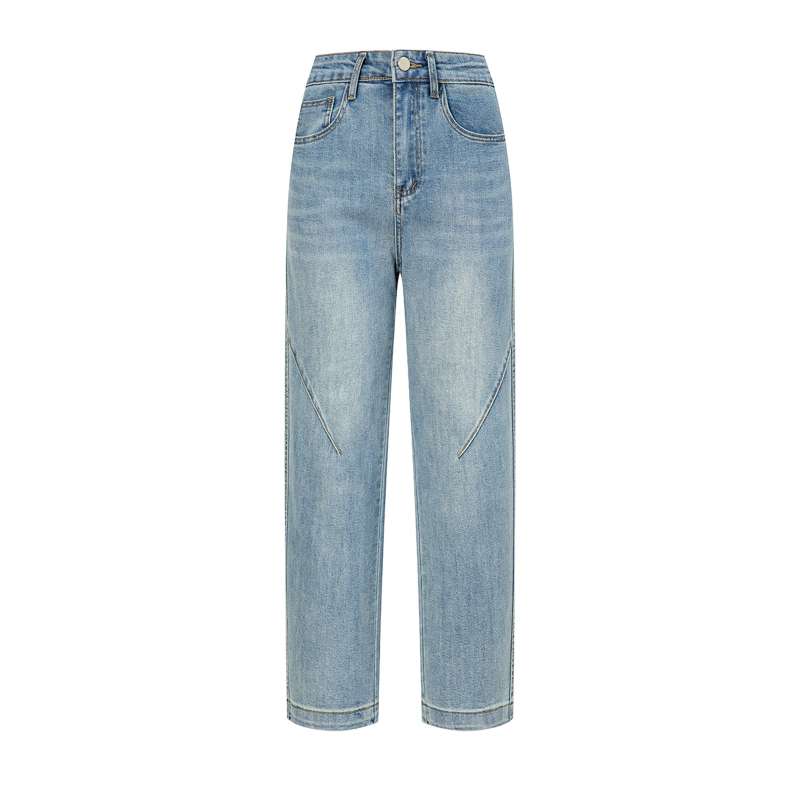 Rugalmas női farmernadrág, magas derékú, egyenes szabás, cropped hossz, denim, világoskék, tavasz–nyár