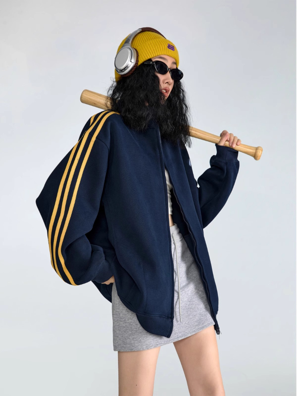 Ženski američki ležerni sportski kardigan jakna s prugama, zatvarač, širok kroj, vintage stil, proljeće 2024