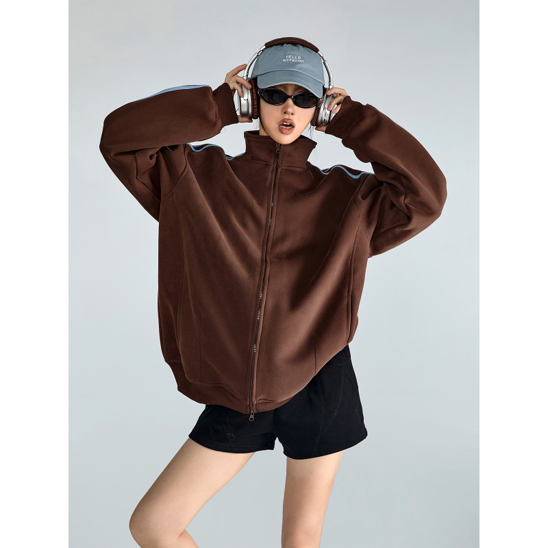 Ženski američki ležerni sportski kardigan jakna s prugama, zatvarač, širok kroj, vintage stil, proljeće 2024