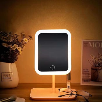 Oglindă de machiaj de birou în stil Instagram, pătrată, pliabilă, cu iluminare LED și spațiu de depozitare