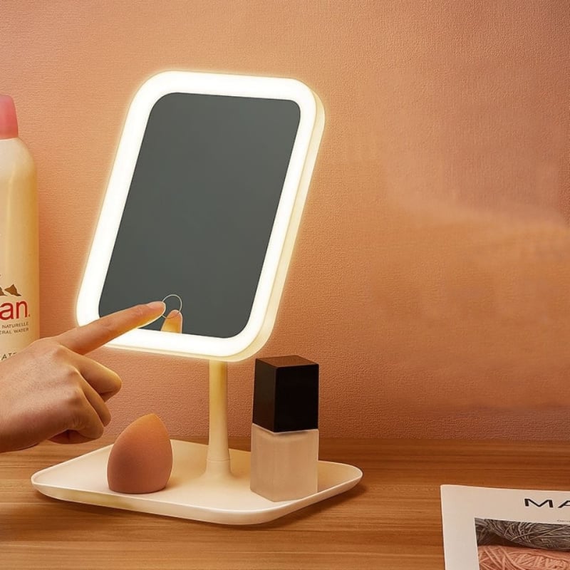 Oglindă de machiaj de birou în stil Instagram, pătrată, pliabilă, cu iluminare LED și spațiu de depozitare