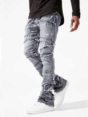 Pantaloni din denim pentru bărbați, croi drept, elastici, detalii patch, stil streetwear.