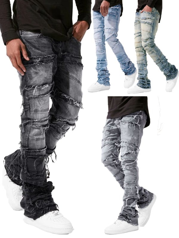 Pantaloni din denim pentru bărbați, croi drept, elastici, detalii patch, stil streetwear.