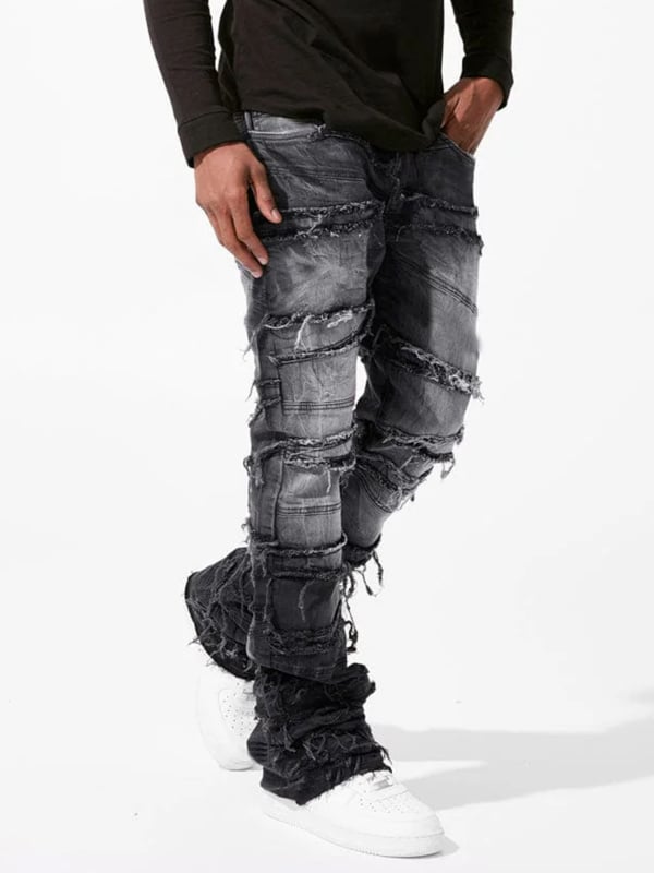 Pantaloni din denim pentru bărbați, croi drept, elastici, detalii patch, stil streetwear.