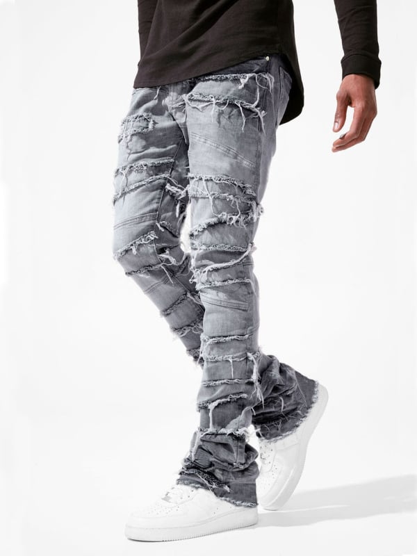 Pantaloni din denim pentru bărbați, croi drept, elastici, detalii patch, stil streetwear.