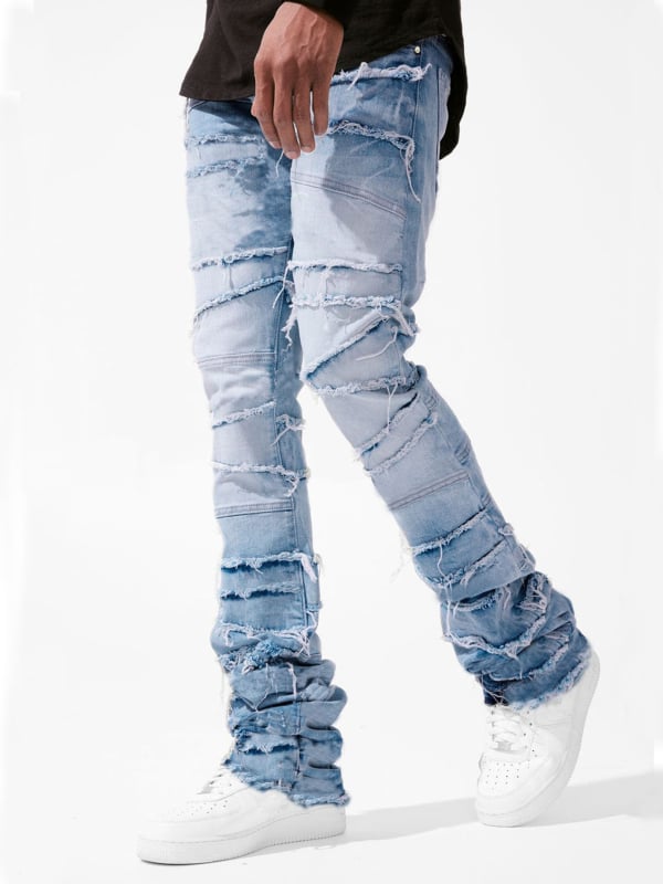 Pantaloni din denim pentru bărbați, croi drept, elastici, detalii patch, stil streetwear.