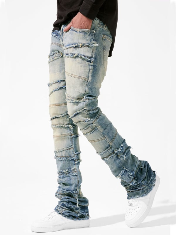 Pantaloni din denim pentru bărbați, croi drept, elastici, detalii patch, stil streetwear.