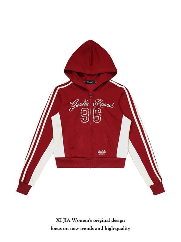 Američka retro hoodica jakna s perlama i kontrastnim bojama, za žene, 2025 sportski stil