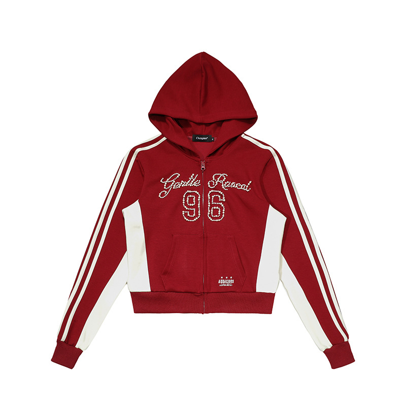 Američka retro hoodica jakna s perlama i kontrastnim bojama, za žene, 2025 sportski stil