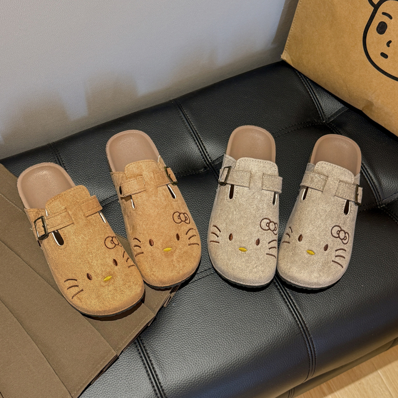 Дамски обувки в стил Birkenstock с карикатурна котка, закрити пръсти, дебел под, удобни за пролетта и лятото.