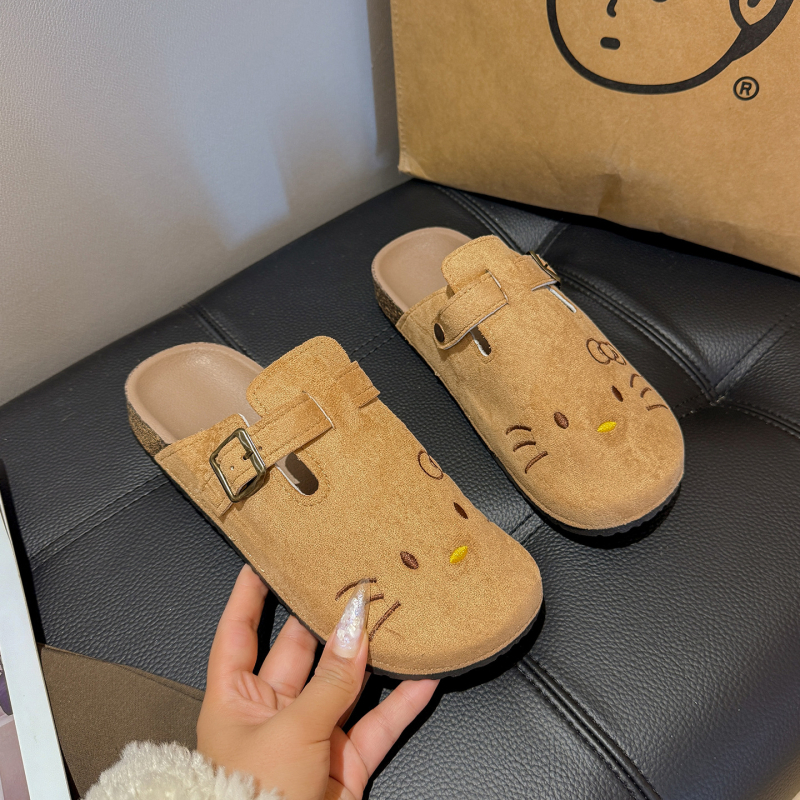 Дамски обувки в стил Birkenstock с карикатурна котка, закрити пръсти, дебел под, удобни за пролетта и лятото.