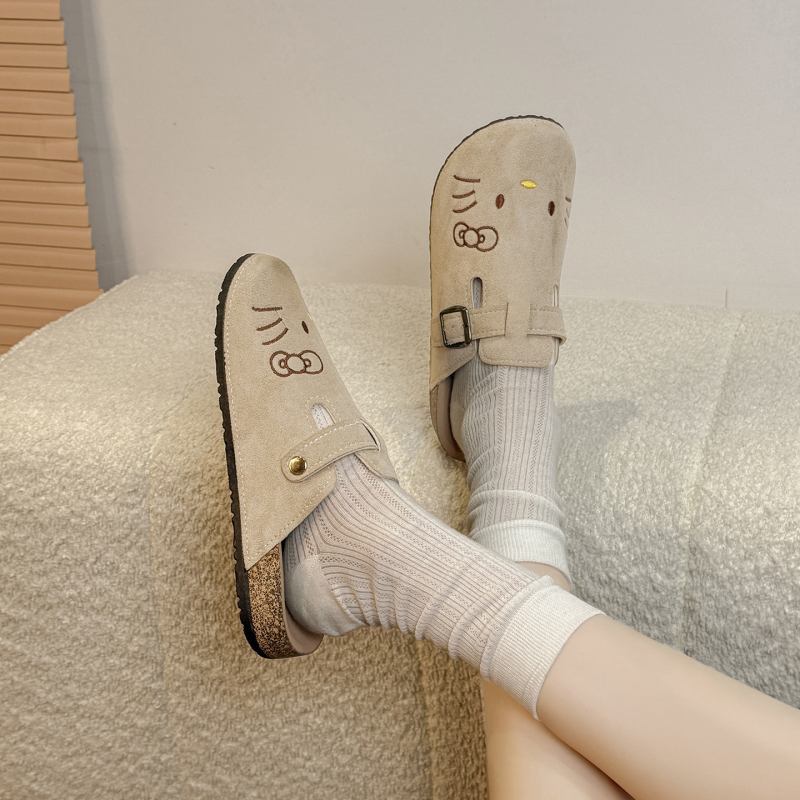 Дамски обувки в стил Birkenstock с карикатурна котка, закрити пръсти, дебел под, удобни за пролетта и лятото.