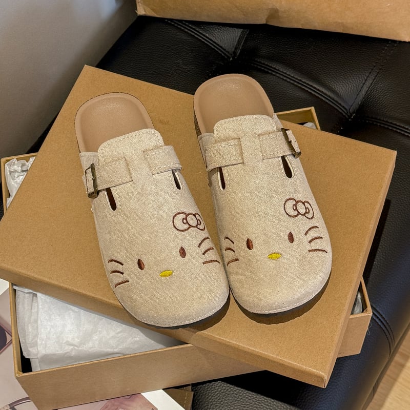 Дамски обувки в стил Birkenstock с карикатурна котка, закрити пръсти, дебел под, удобни за пролетта и лятото.