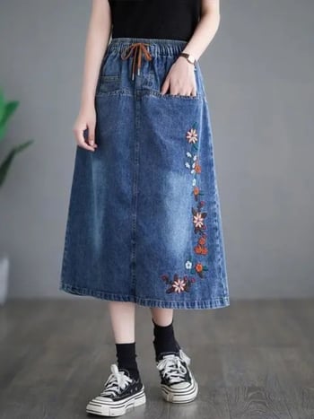 Izšivana traper suknja s elastičnim pojasom, A-linijski kroj, srednje duljine, vintage umjetnički stil