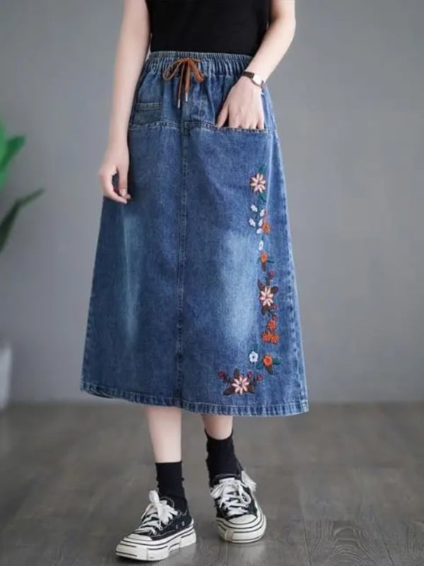 Izšivana traper suknja s elastičnim pojasom, A-linijski kroj, srednje duljine, vintage umjetnički stil