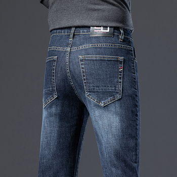 Blugi bărbați talie medie, croială drept, elastici, subțiri, Primăvara 2025, pantaloni casual, stil retro de afaceri