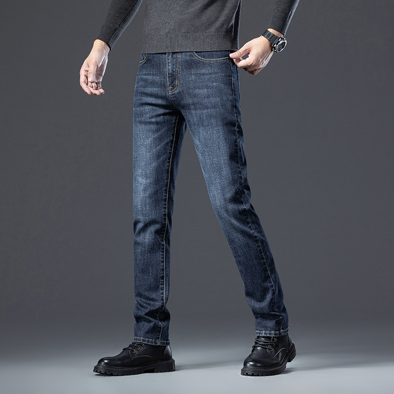 Blugi bărbați talie medie, croială drept, elastici, subțiri, Primăvara 2025, pantaloni casual, stil retro de afaceri