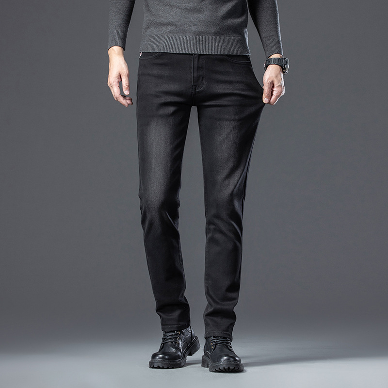 Blugi bărbați talie medie, croială drept, elastici, subțiri, Primăvara 2025, pantaloni casual, stil retro de afaceri