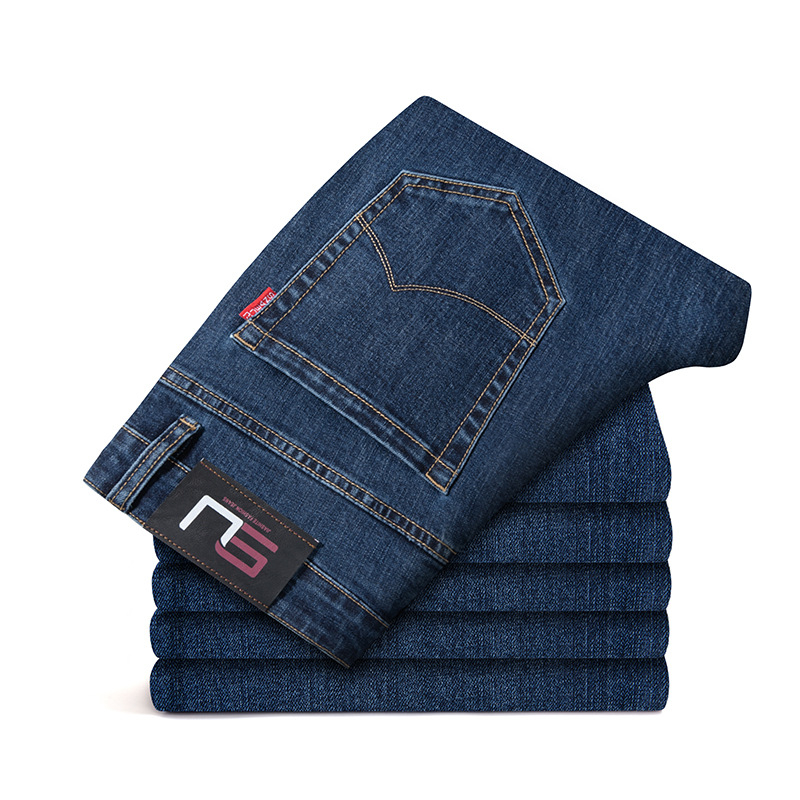 Blugi bărbați talie medie, croială drept, elastici, subțiri, Primăvara 2025, pantaloni casual, stil retro de afaceri