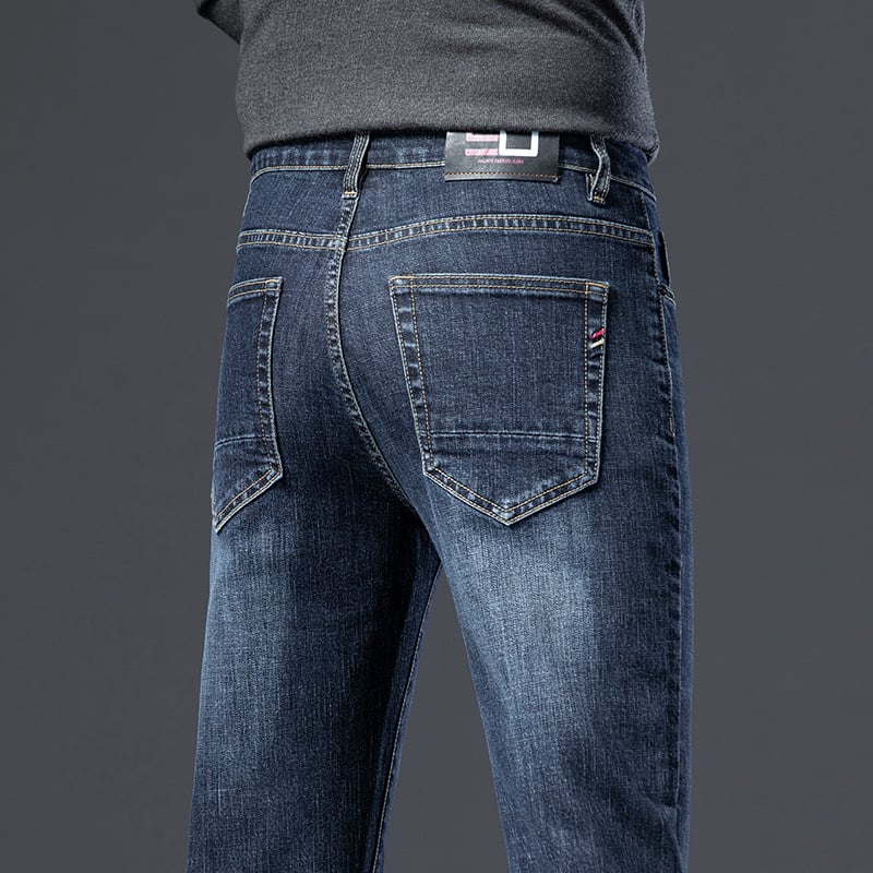 Blugi bărbați talie medie, croială drept, elastici, subțiri, Primăvara 2025, pantaloni casual, stil retro de afaceri