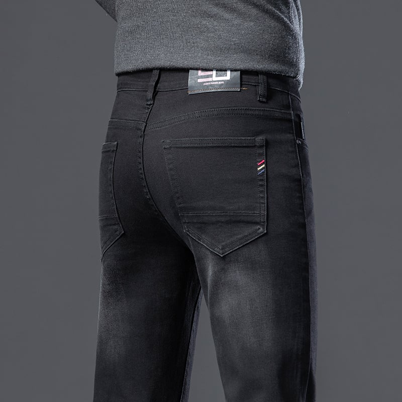 Blugi bărbați talie medie, croială drept, elastici, subțiri, Primăvara 2025, pantaloni casual, stil retro de afaceri