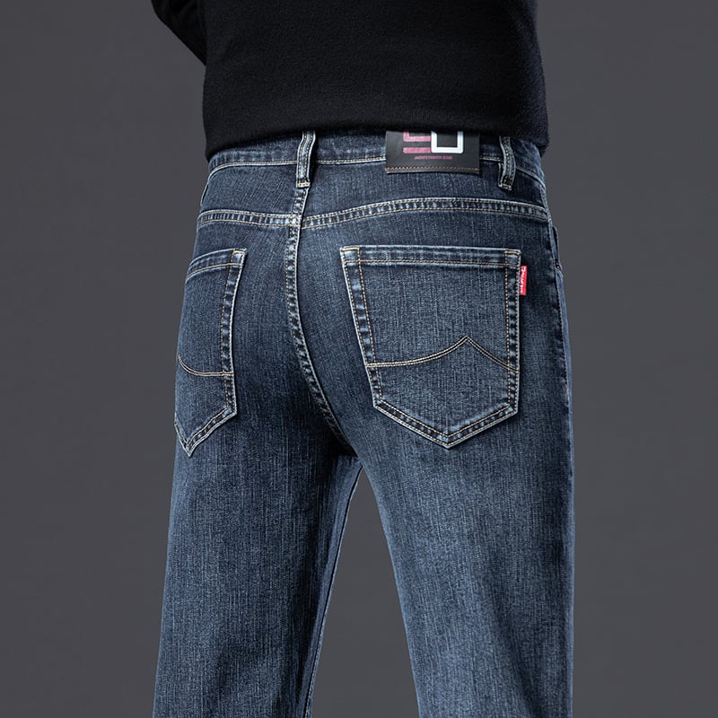 Blugi bărbați talie medie, croială drept, elastici, subțiri, Primăvara 2025, pantaloni casual, stil retro de afaceri