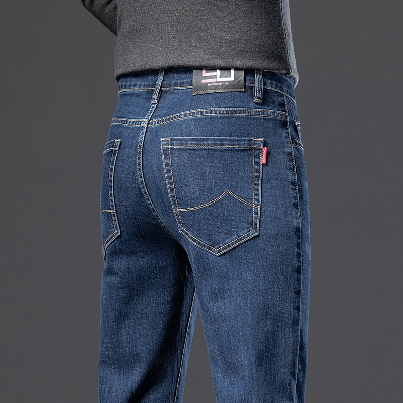 Blugi bărbați talie medie, croială drept, elastici, subțiri, Primăvara 2025, pantaloni casual, stil retro de afaceri