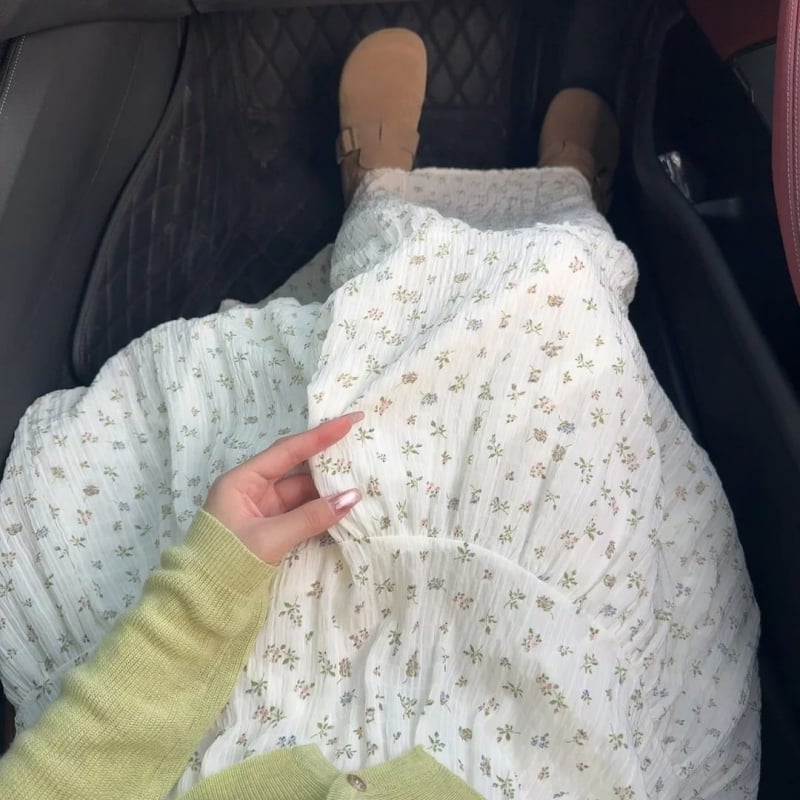 Šifonska midi suknja s cvjetnim uzorkom, korejskog stila, s teksturiranim dojmom proljetnog, nježan i elegantan izgled za ured i svakodnevnu upotrebu
