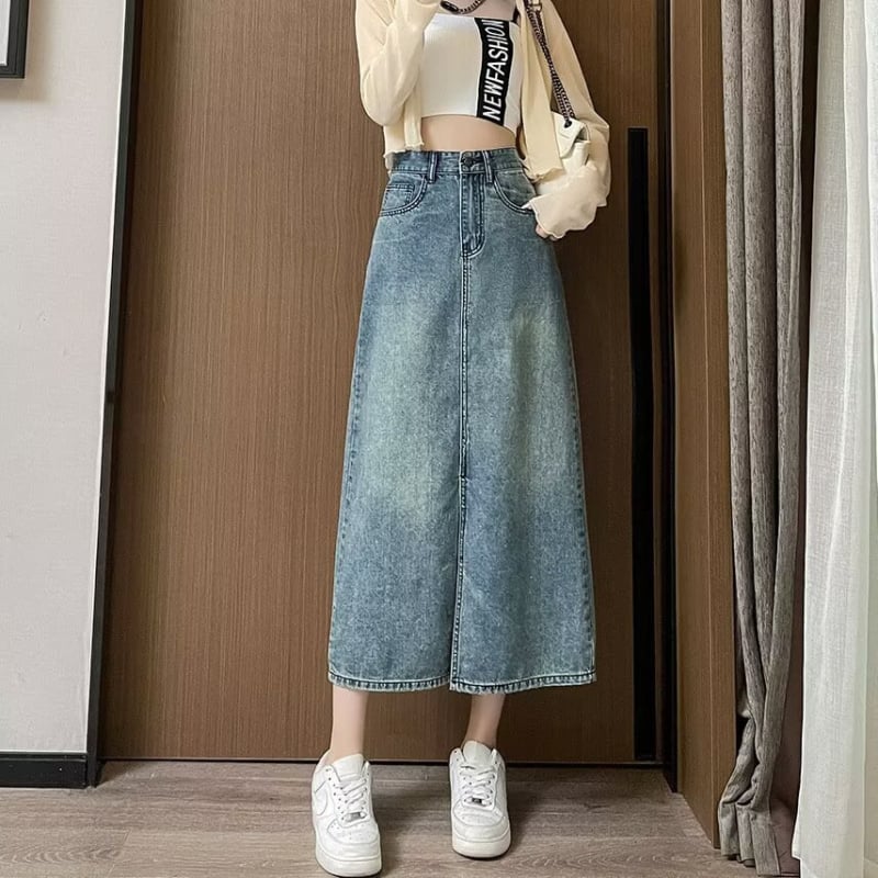 Plus veličine ženska vintage izblijedjela denim midi suknja s prorezom, ležerna ljetna silueta, do 100 kg