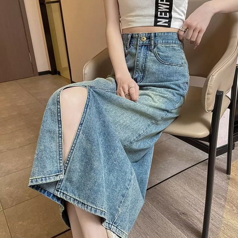 Plus veličine ženska vintage izblijedjela denim midi suknja s prorezom, ležerna ljetna silueta, do 100 kg