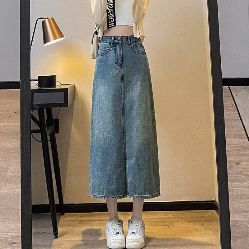 Plus veličine ženska vintage izblijedjela denim midi suknja s prorezom, ležerna ljetna silueta, do 100 kg