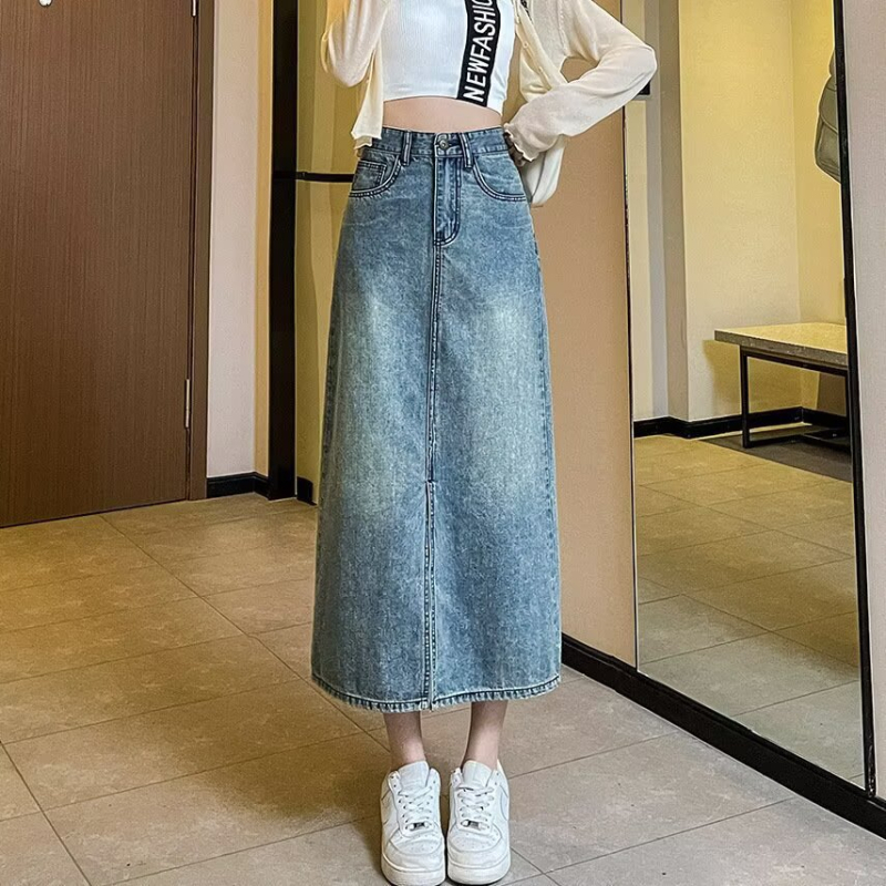 Plus veličine ženska vintage izblijedjela denim midi suknja s prorezom, ležerna ljetna silueta, do 100 kg