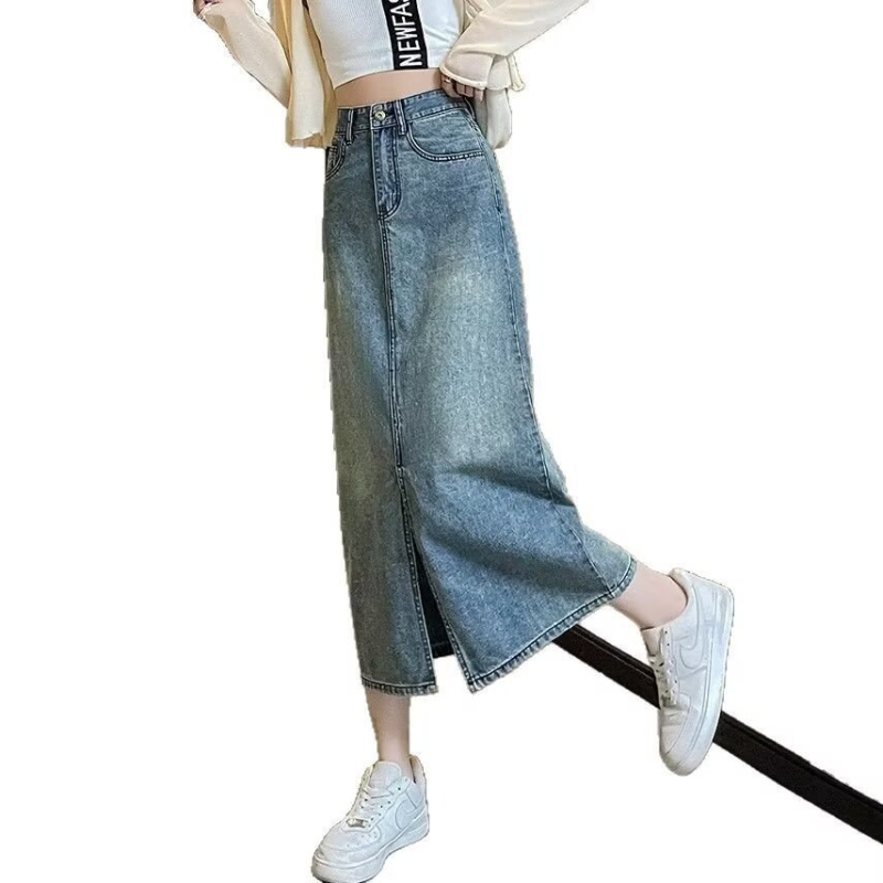 Plus veličine ženska vintage izblijedjela denim midi suknja s prorezom, ležerna ljetna silueta, do 100 kg