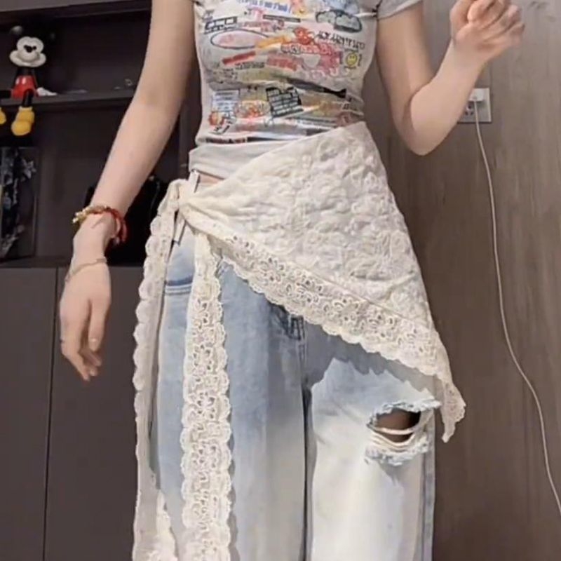 Női csipke jacquard midi szoknya, 2025-ös új modell Koreai stílusban, rétegzett dizájn övvel és háromszög kendővel