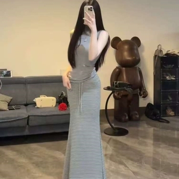 Ženska midi suknja s prugama u korejskom stilu, laskajući siluetu, elegantan kroj
