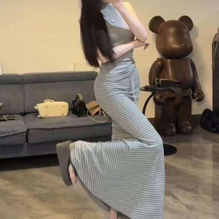 Ženska midi suknja s prugama u korejskom stilu, laskajući siluetu, elegantan kroj