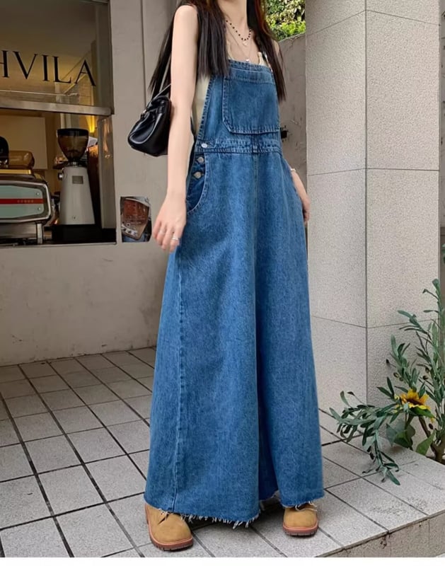 Ženska denim haljina s trakama, bez rukava, duga, slobodan kroj, plava