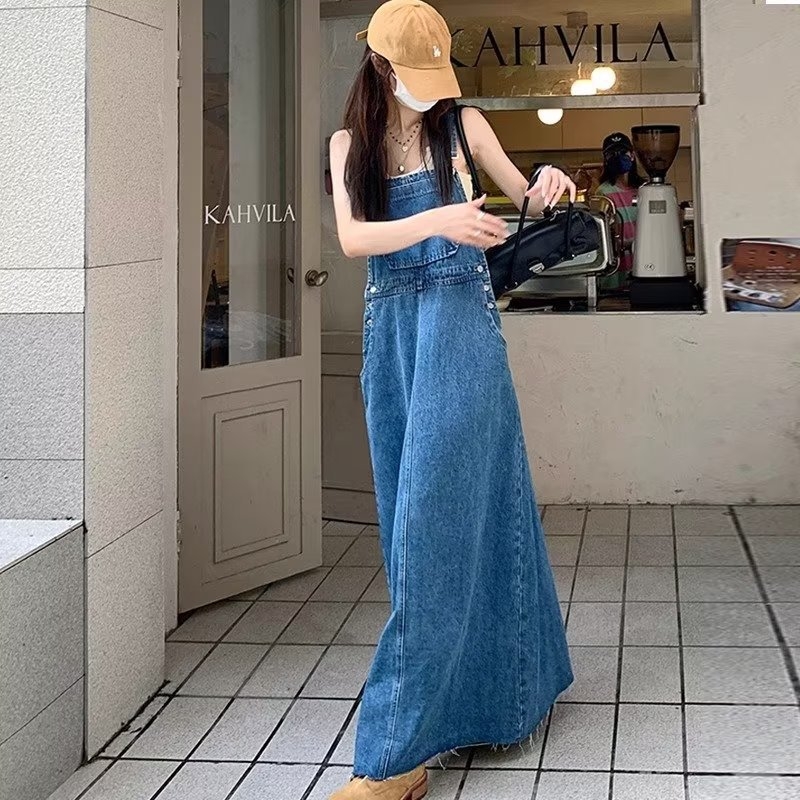 Ženska denim haljina s trakama, bez rukava, duga, slobodan kroj, plava