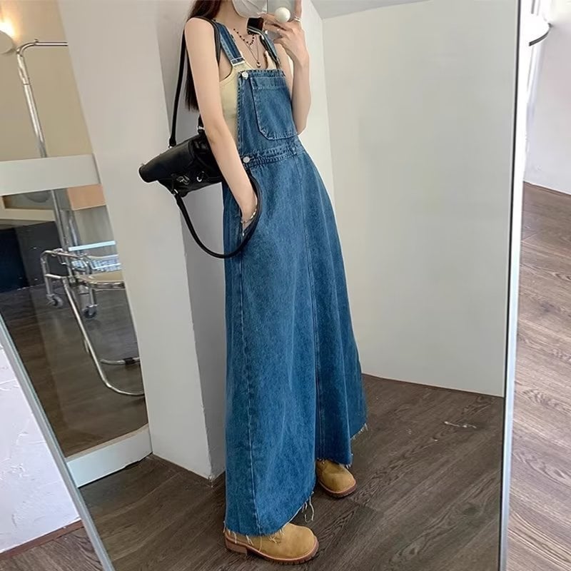Ženska denim haljina s trakama, bez rukava, duga, slobodan kroj, plava