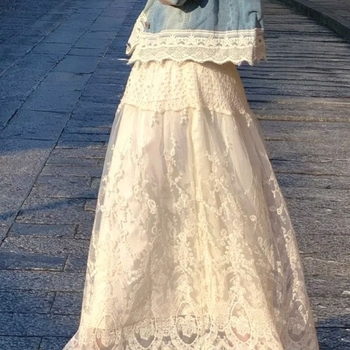 Plus-size ženska suknja od mrežaste tkanine s čipkastim rubom, visokim strukom, A-linija, duga, elegantna