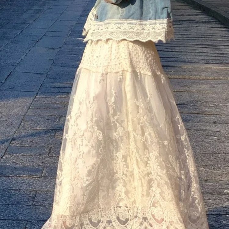 Plus-size ženska suknja od mrežaste tkanine s čipkastim rubom, visokim strukom, A-linija, duga, elegantna
