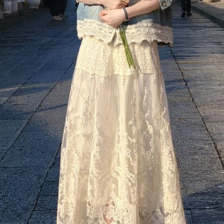 Plus-size ženska suknja od mrežaste tkanine s čipkastim rubom, visokim strukom, A-linija, duga, elegantna