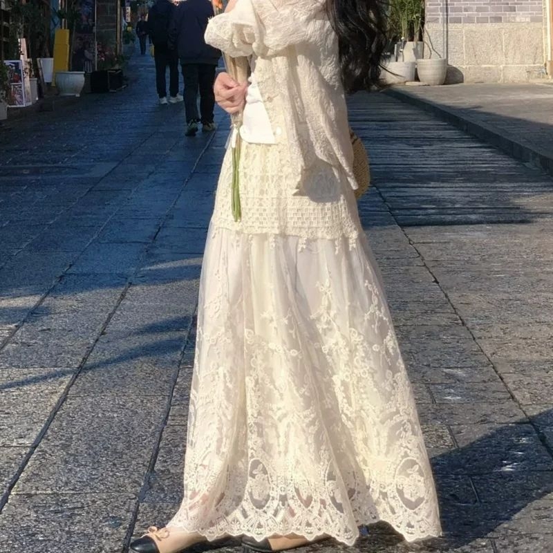 Plus-size ženska suknja od mrežaste tkanine s čipkastim rubom, visokim strukom, A-linija, duga, elegantna